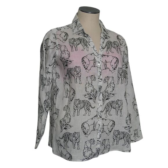 Cynthia Rowley Sz L Shirt Off White Animal Print Tiger Leopard Cheetah Linen Cat - Picture 3 of 11